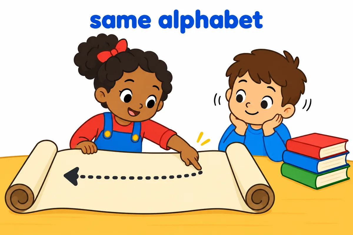 A cartoon child follows a dotted arrow across a scroll that runs from the right edge to the left edge.
