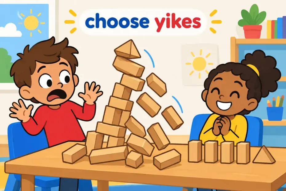 A cartoon child reacts with alarm to a toppled tower, illustrating yike vs yikes with the standard form yikes.