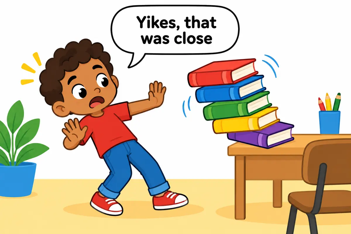 A cartoon child steps back with raised eyebrows as a tall stack of books wobbles, showing yikes as an alarm interjection.