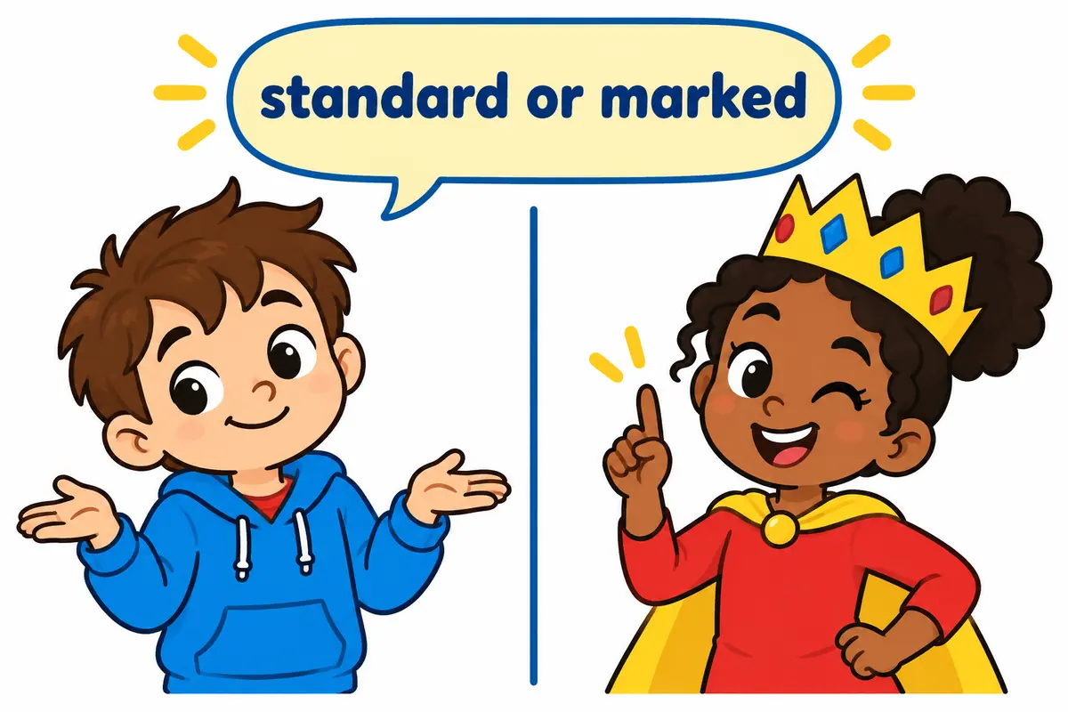 A cartoon split scene contrasts a child saying the standard plural reaction with a child using the rare singular form.