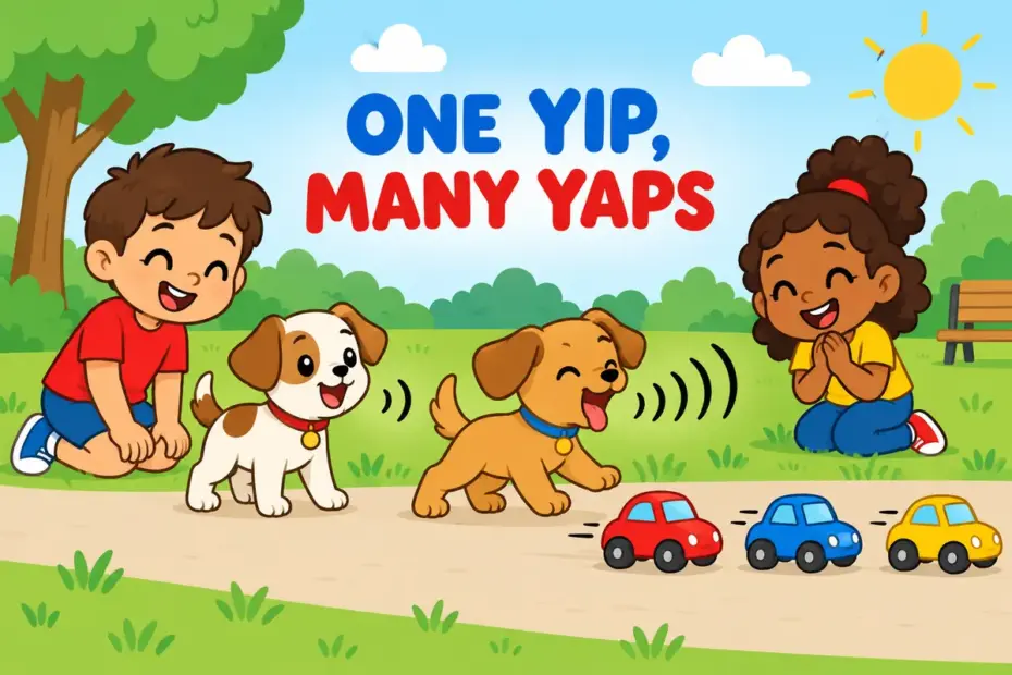 Two cartoon puppies show yip vs yap, one giving a single short bark and one yapping repeatedly at a row of passing cars.