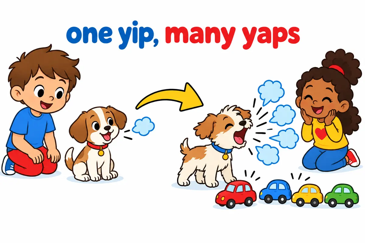 A cartoon dog gives one sound beside a second dog yapping repeatedly at a row of cars, showing yip as one sound and yap as many.