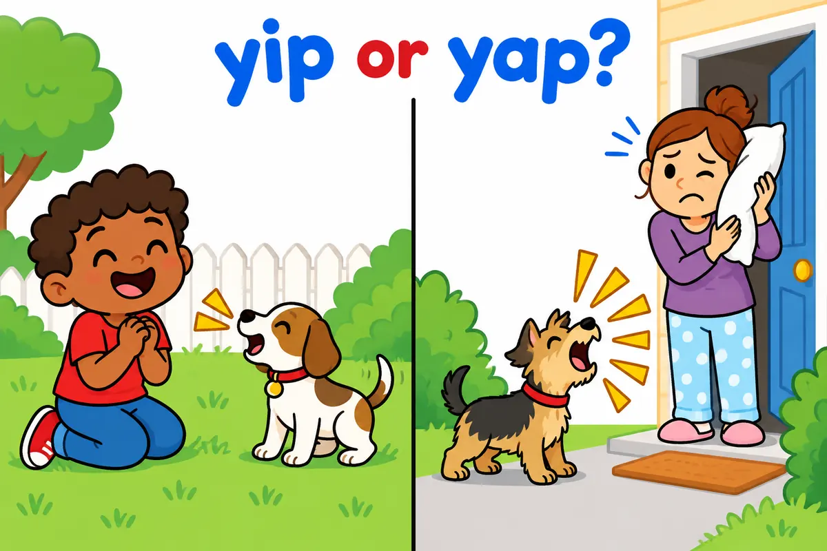 A cartoon split scene contrasts a child smiling at one puppy yip with a tired neighbour hearing a dog yap nonstop.
