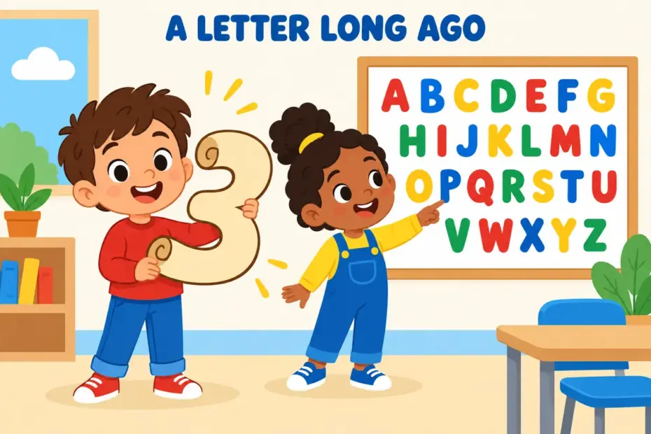 Cartoon pupils compare a curled yogh sign with the modern alphabet, showing the yogh vs letter difference.