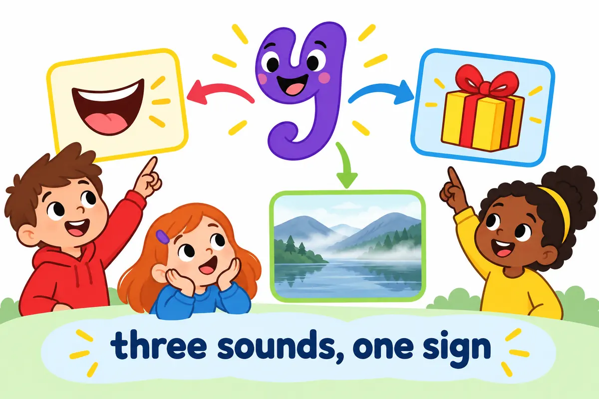 A cartoon yogh sign stands between three sound cards, showing that one yogh could stand for several sounds.