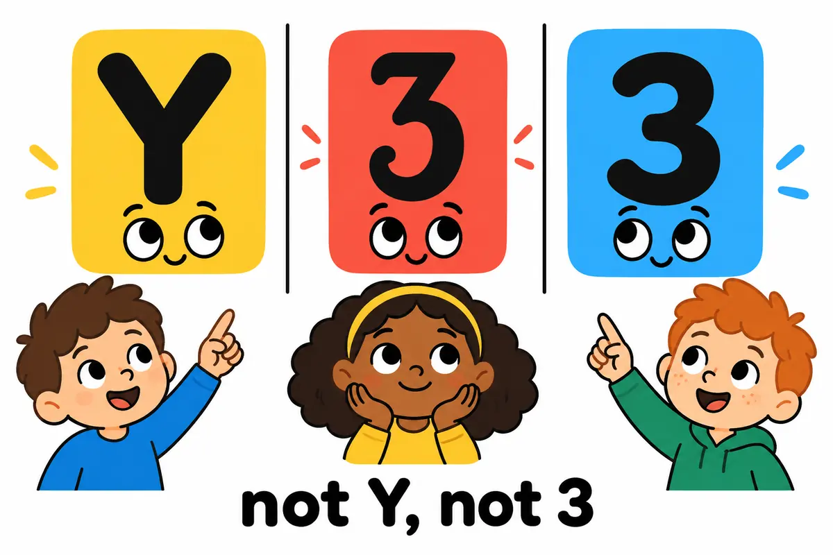 A cartoon split scene shows a yogh beside the letter Y and the number three to separate the lookalikes.