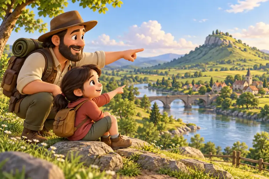A child and guide point toward a distant hill across a river.