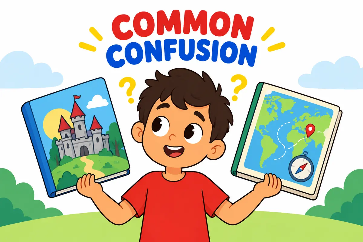 Cartoon children demonstrate Yond vs Yonder: Meaning and Usage through a clear everyday scene.