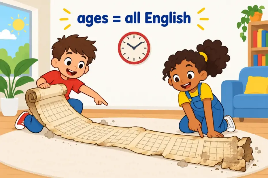 Cartoon children look at a huge dusty calendar, showing yonks vs ages as two informal words for a very long time.