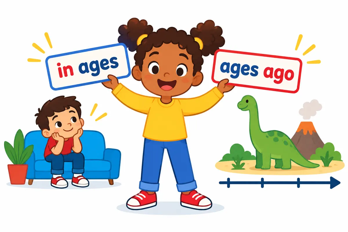 A cartoon child places an in card at the start of a phrase and an ago card at the end of another.