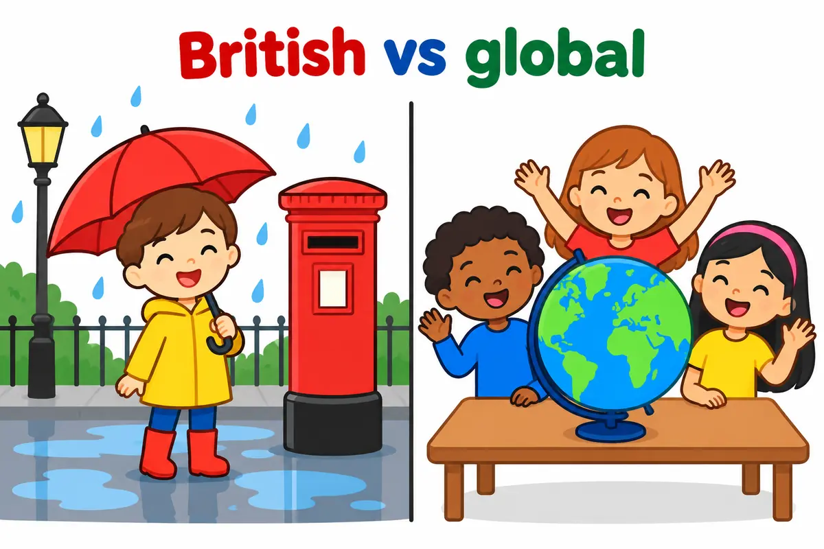 A cartoon split scene contrasts a child with a union-jack-free red postbox shape and a globe with children waving.