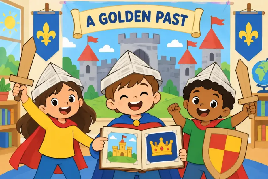 Cartoon children in paper armour before a castle set compare yore vs olden days as two ways to name a romantic past.