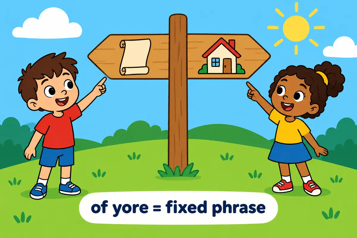 A cartoon signpost points one way to a phrase card reading of yore and the other to a card reading in the olden days.