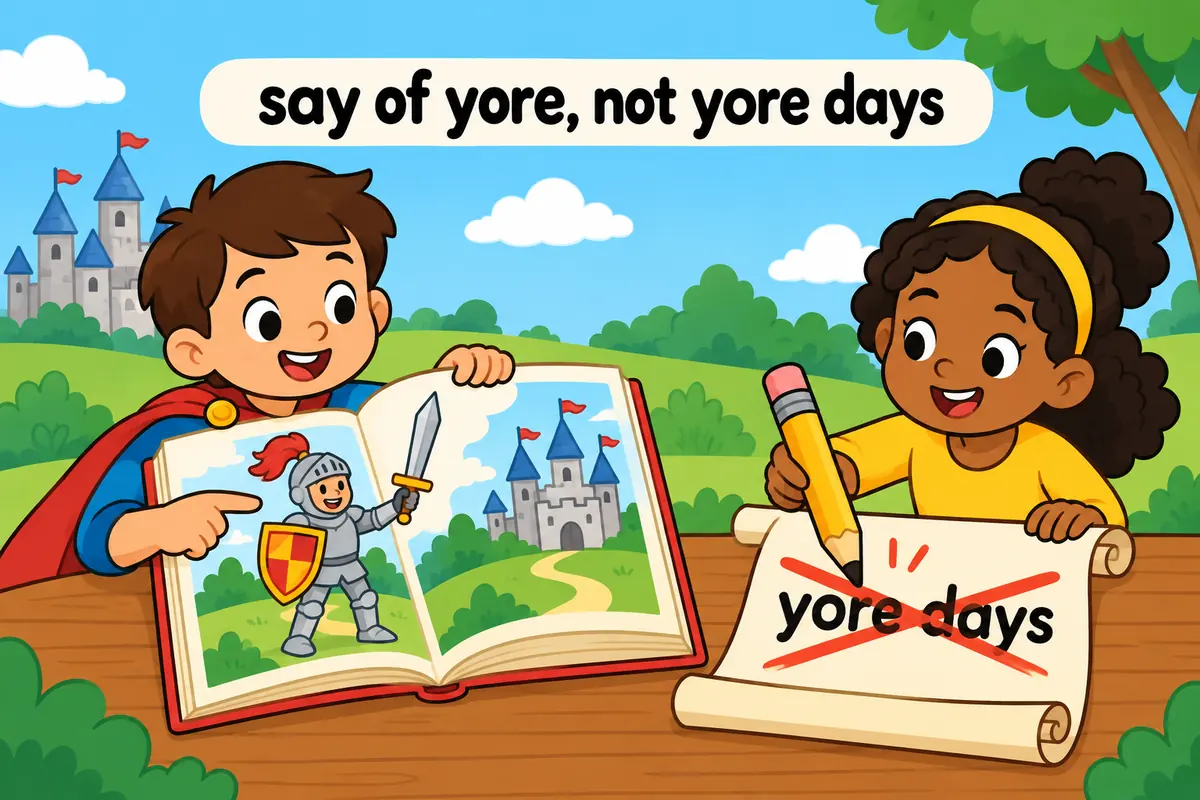 A single unified cartoon scene contrasts a knight storybook labelled of yore with a pencil that strikes through the phrase yore days.