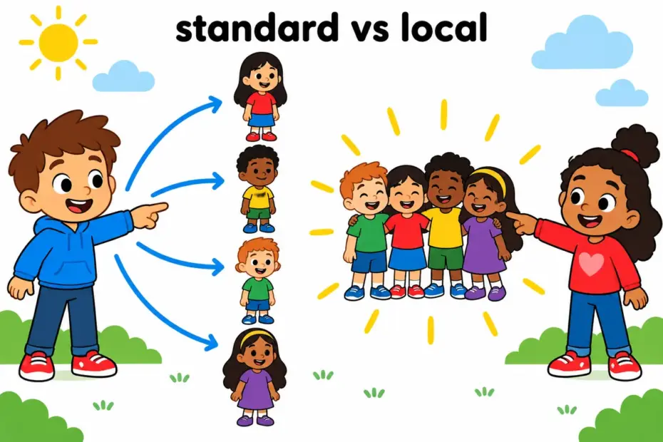 A cartoon scene shows one child addressing a group, illustrating you vs youse.