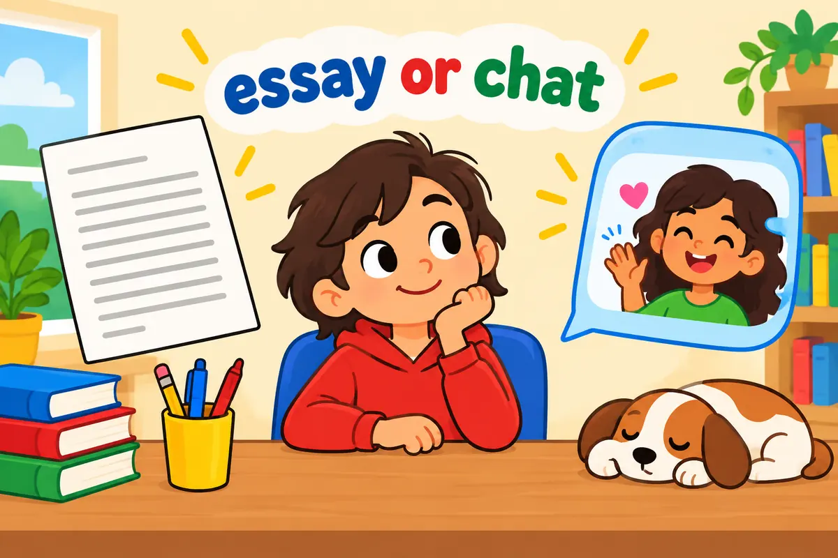 A single unified cartoon scene contrasts a formal essay page with a friendly text message bubble containing youse.