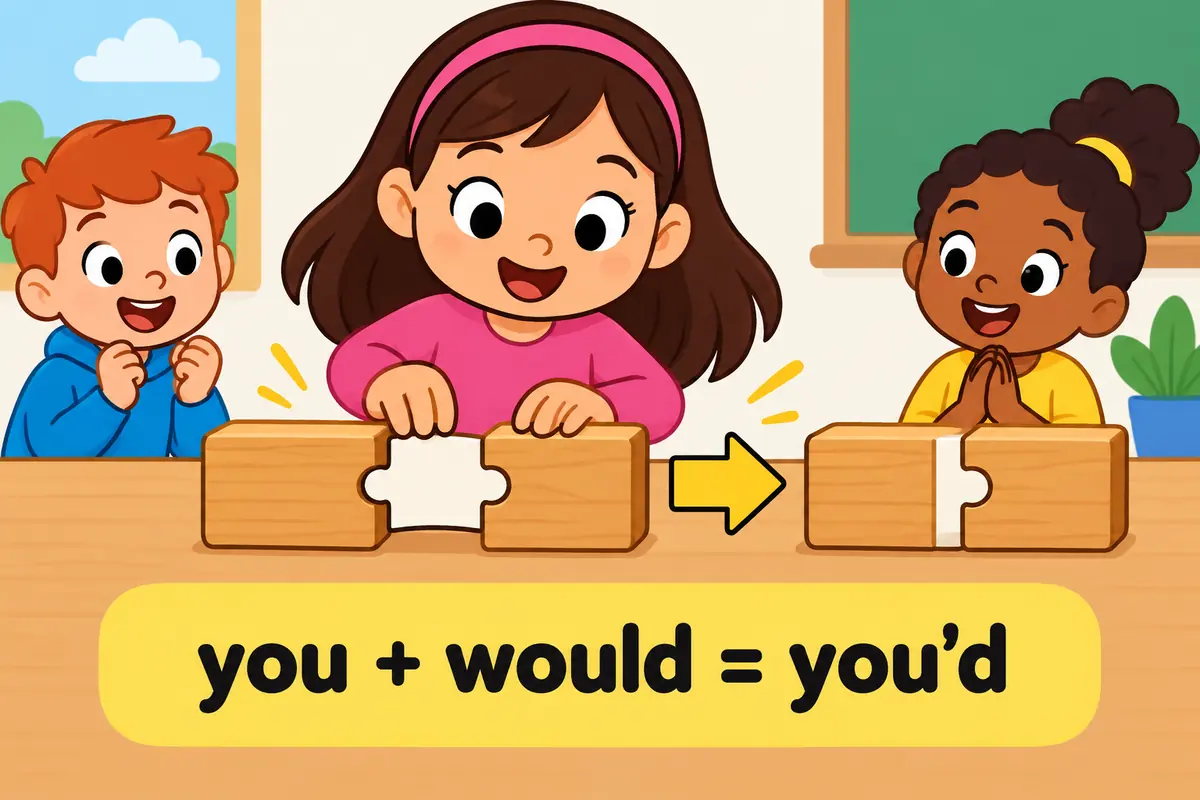A cartoon child closes a gap between two word blocks with a curved apostrophe card, showing how you would becomes youd.