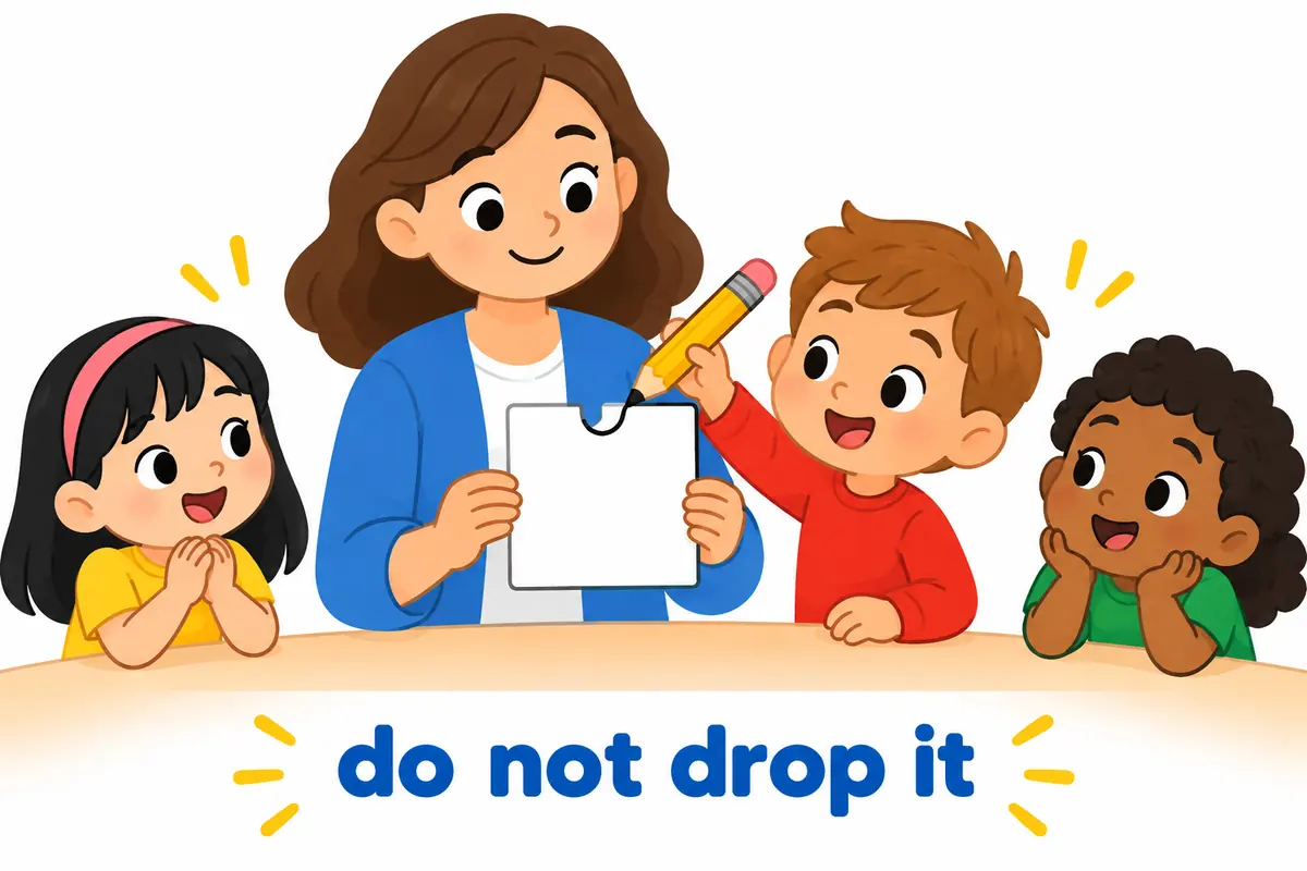 A cartoon teacher holds up a card with a missing mark while a child pencils the apostrophe back in.