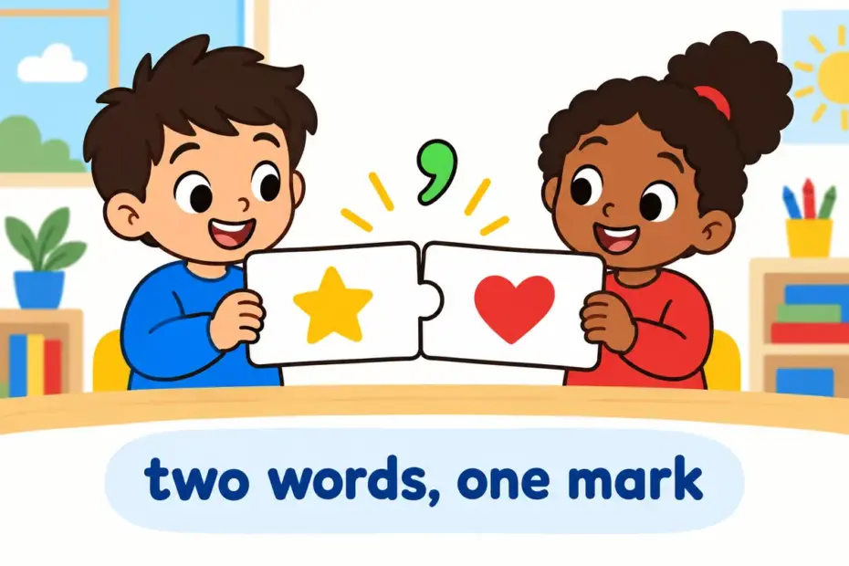 Cartoon children press two word cards together into one card, showing youll vs you will as a contraction joined by an apostrophe.