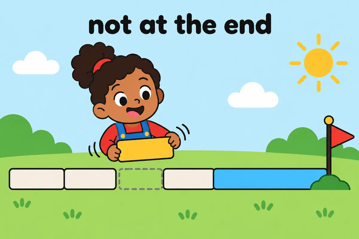 A cartoon child gestures that a short contraction card falls short while a longer full-form card reaches the finish line.