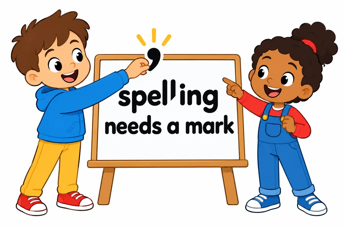 A cartoon child writes a missing apostrophe into the word youll on a whiteboard while a friend points at the gap.