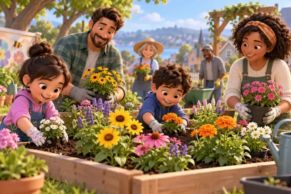 Children and adults arrange flowers around a community garden bed.