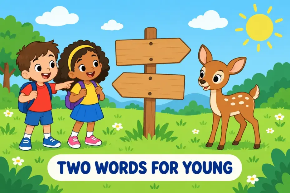 Cartoon children and a young deer stand side by side, comparing youngling vs youngster as two words for the young.
