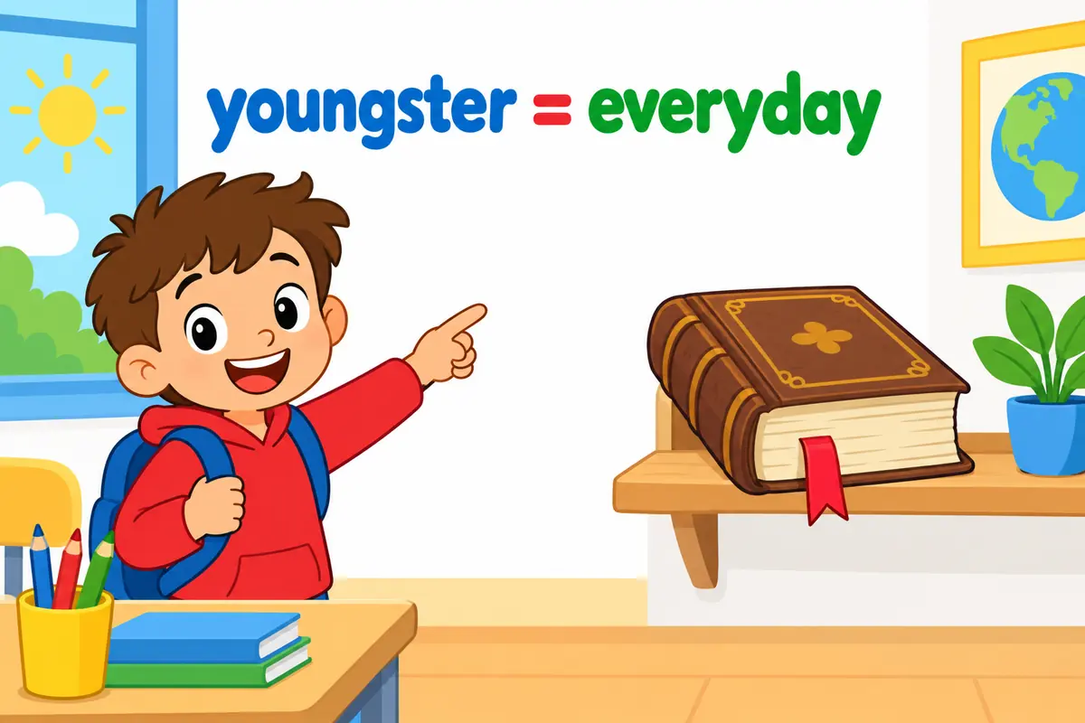A cartoon child points to a modern school sign labelled youngster while an older storybook sits on a shelf labelled youngling.