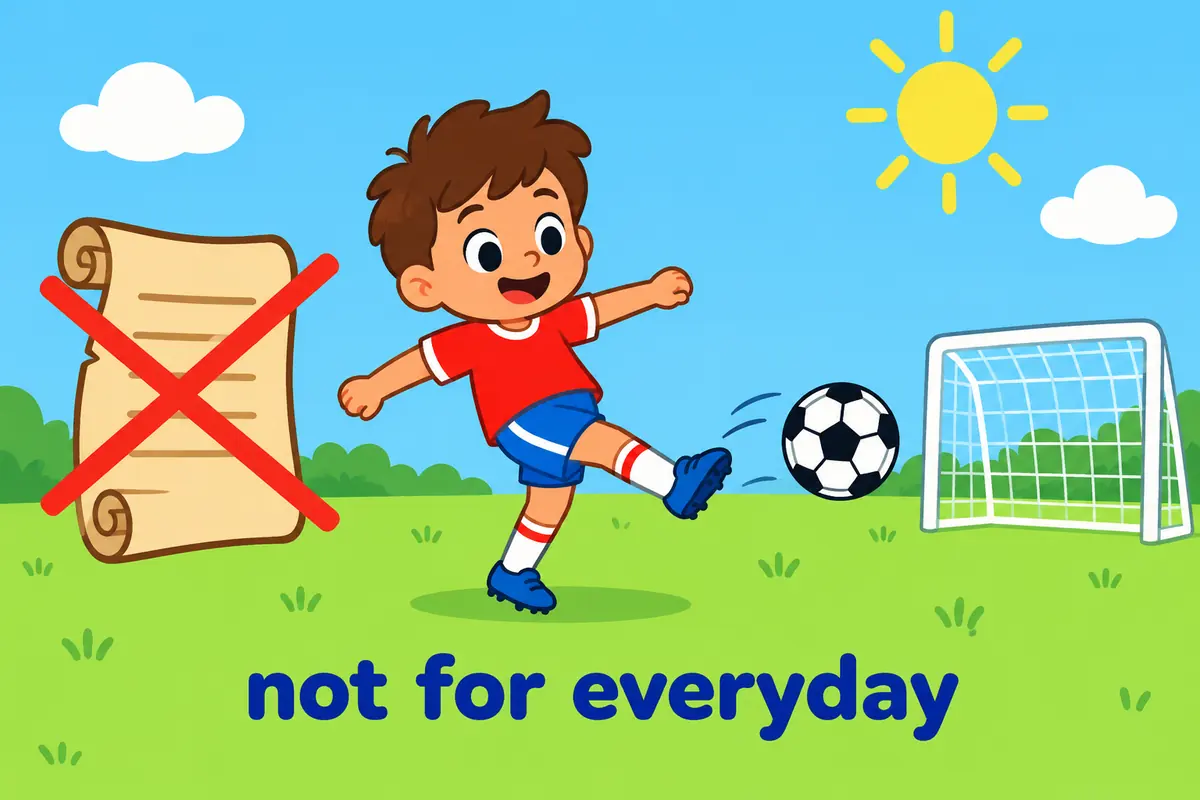 A cartoon child in a football kit scores a goal beside a crossed-out old scroll, showing that youngling does not fit everyday writing.