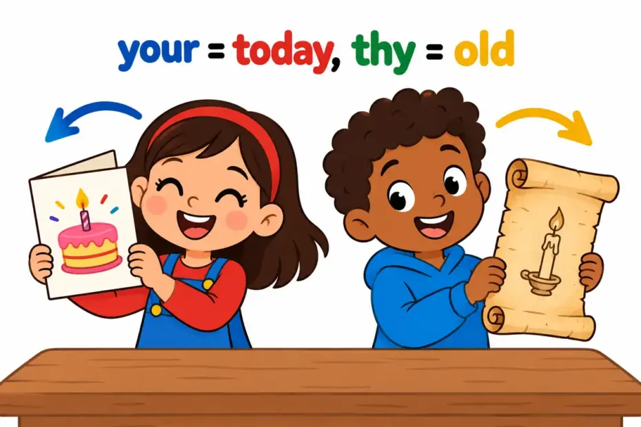 Cartoon children compare a modern card and an old scroll, showing your vs thy as present-day and archaic possessives.