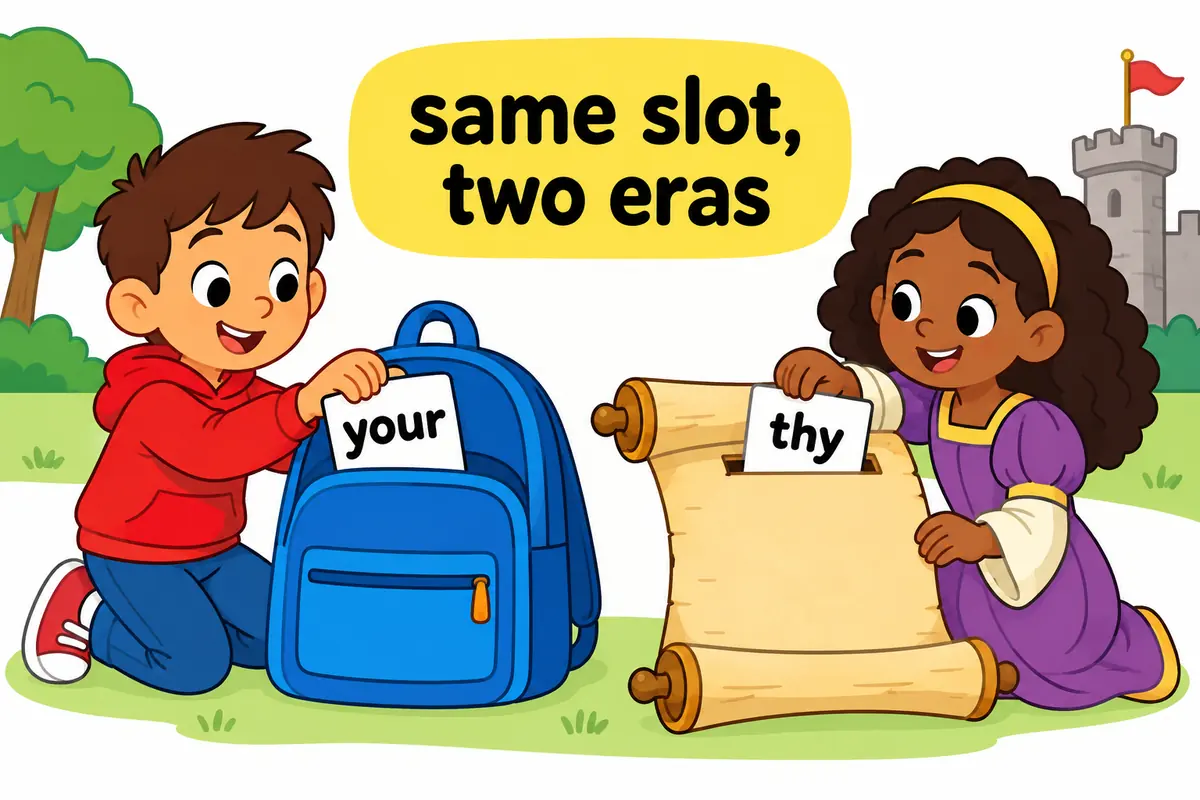 Cartoon children label a modern bag and an old scroll to show your before a noun and thy before a noun.