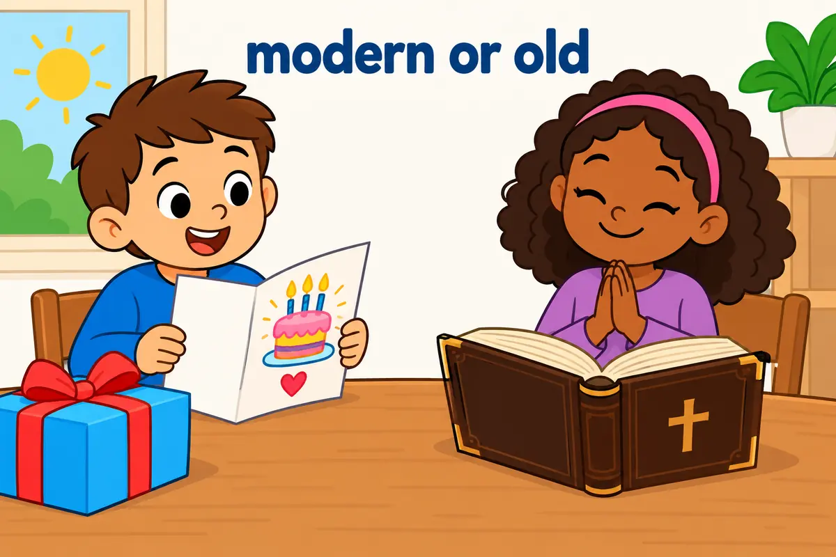 A single unified cartoon scene contrasts a modern birthday card saying your with an old prayer book saying thy.