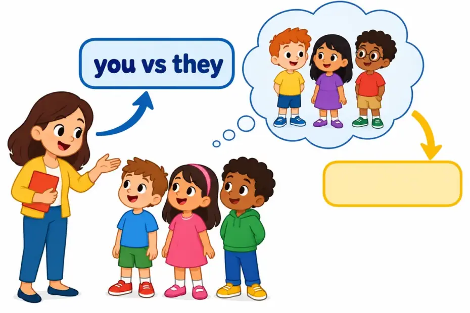 Cartoon groups face each other, one addressed directly and one described, illustrating yourselves vs themselves.