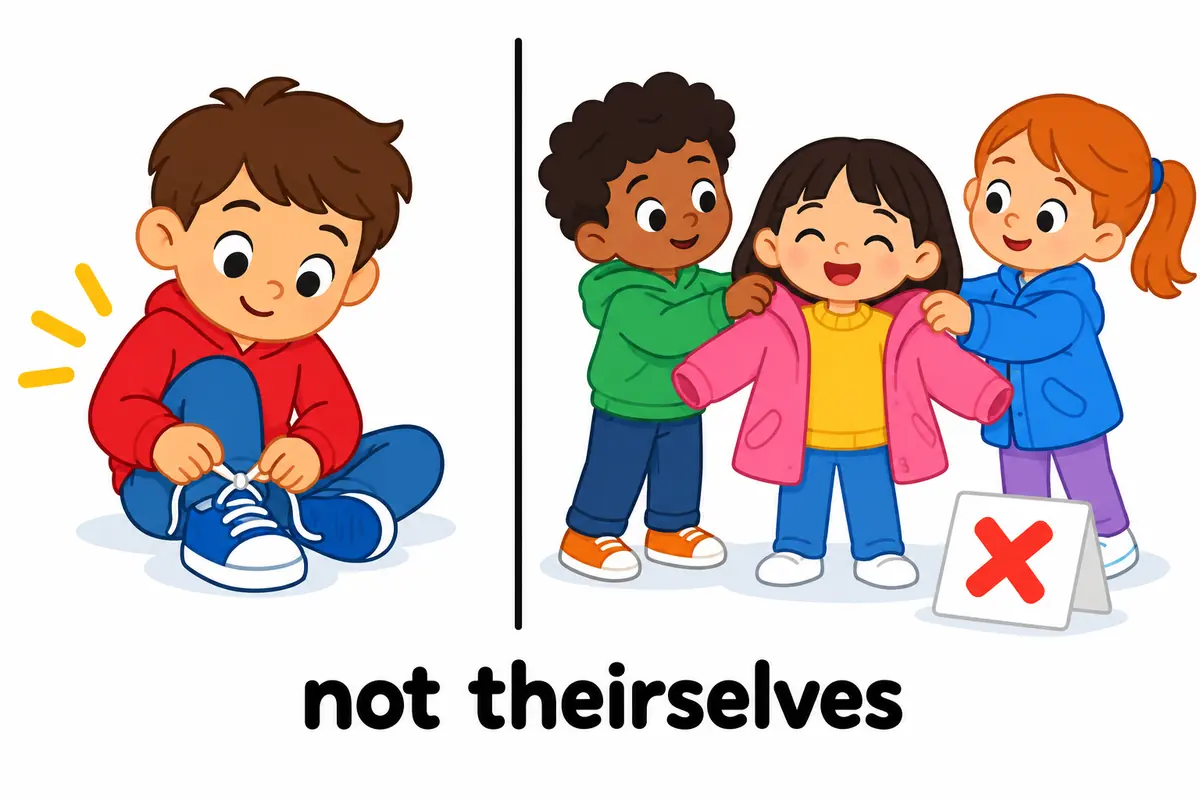 A split cartoon contrasts one child looking in a mirror labelled yourself with a group of friends labelled yourselves.