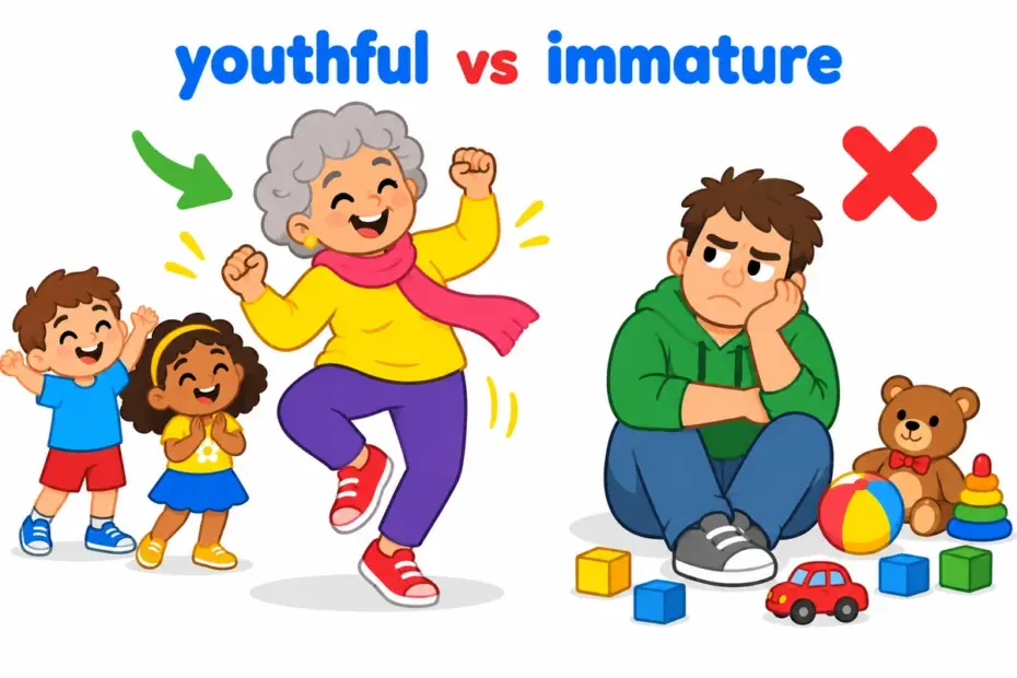 Cartoon grandparent dances with lively energy beside an adult throwing a tantrum, showing youthful vs immature.