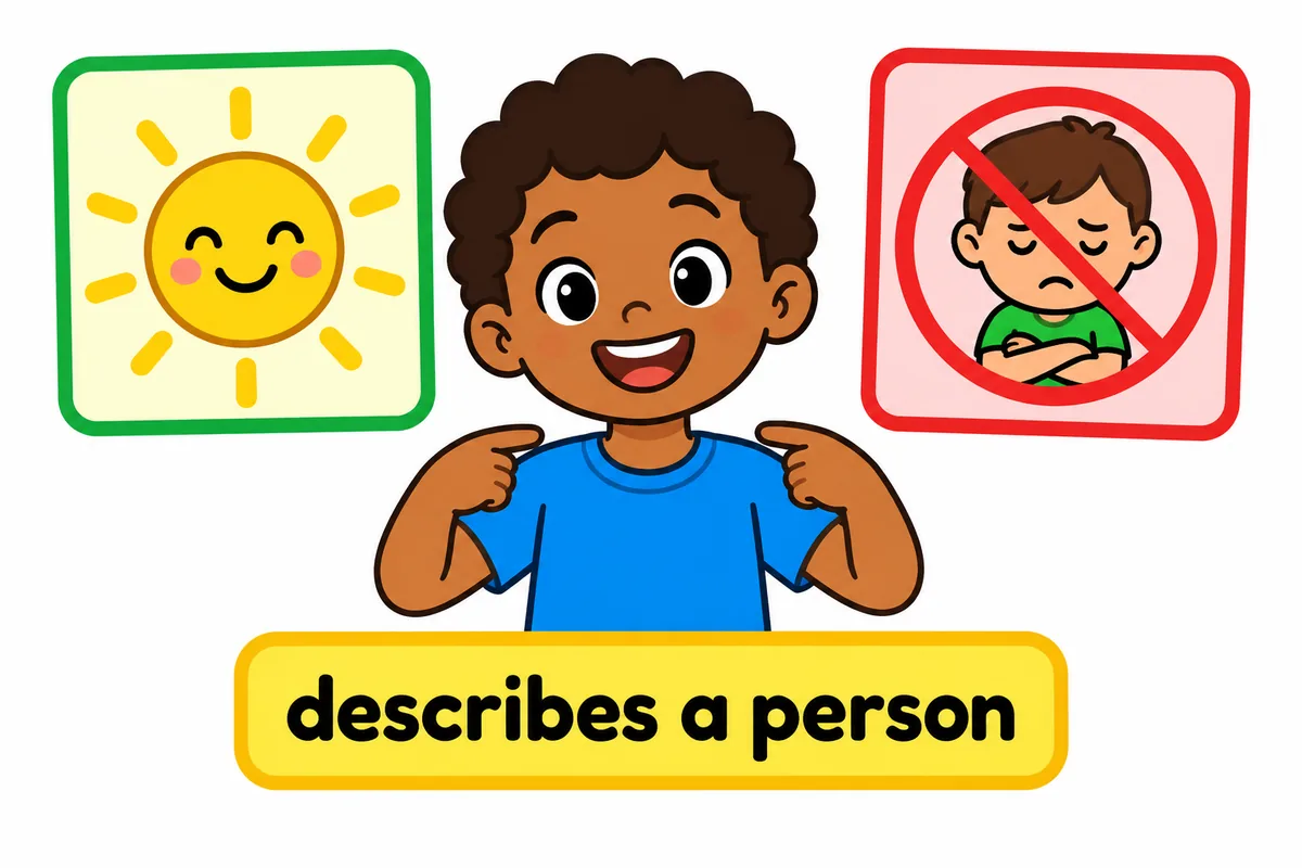 Two labels over a picture card of a person: youthful points to a glowing energy sign, immature to a crossed-out sulk sign.