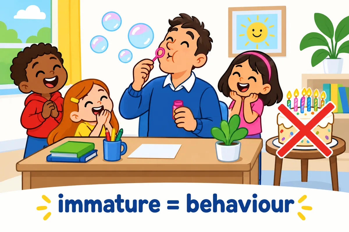 A cartoon adult blows bubbles at a desk while a crossed-out birthday cake suggests immature is about behaviour, not age.