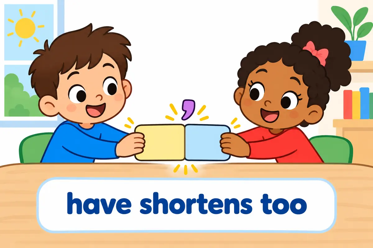 Cartoon children join two word cards into one, showing youve vs you have as a contraction marked by an apostrophe.