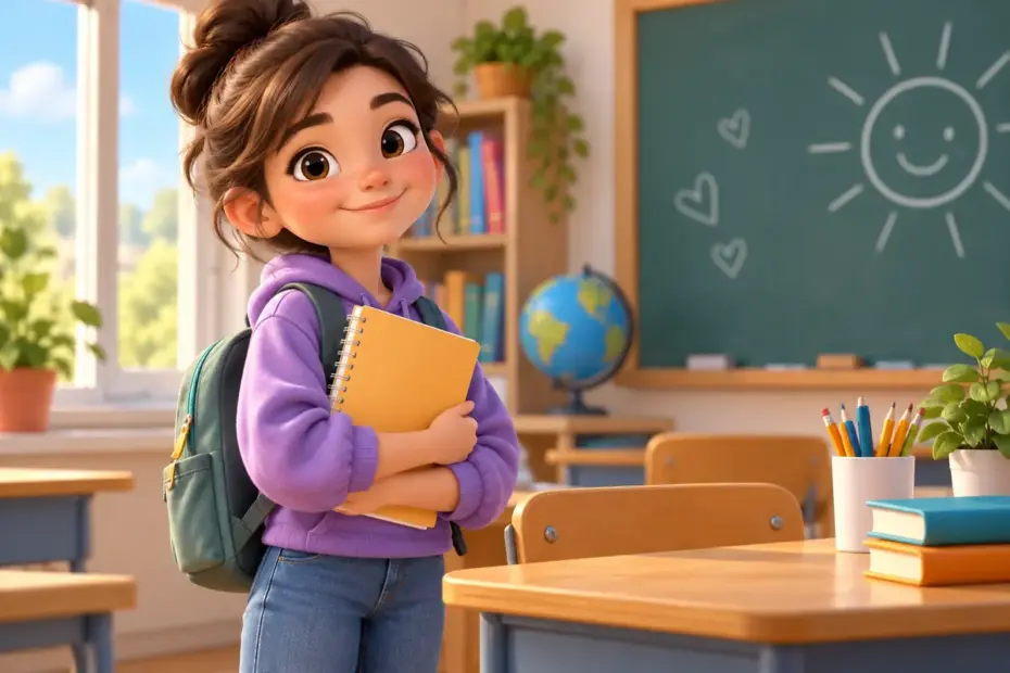 A student holds a notebook beside a classroom desk.