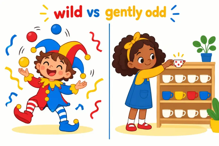 Cartoon split scene contrasts a clown performing zany tricks with a tidy shelf of quirky objects, illustrating zany vs quirky.