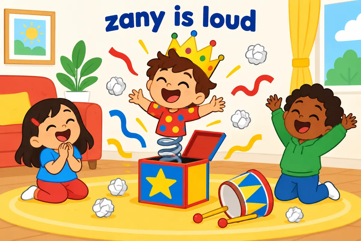 Cartoon child springs out of a jack-in-the-box with streamers, showing zany used for wild comic energy.