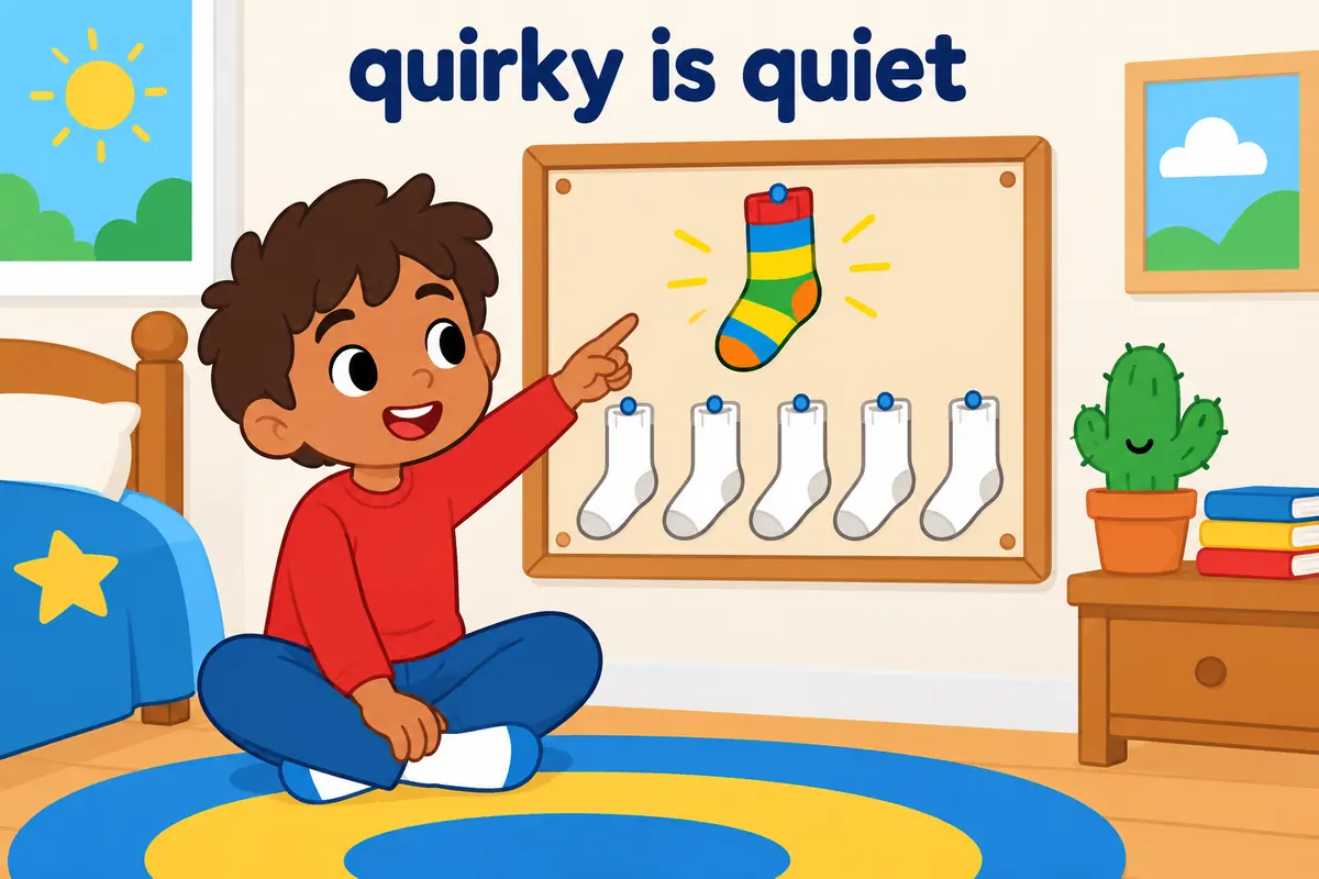 Cartoon child smiles beside a single odd sock pinned neatly on a board among plain pairs, showing quirky as a small oddity.
