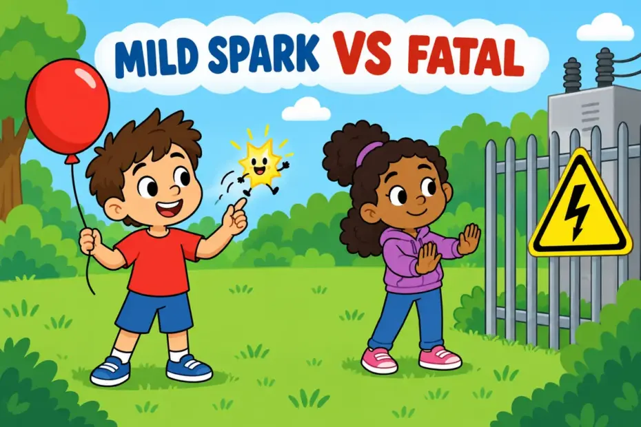 Cartoon children learn about zap vs electrocute as one child gets a harmless spark and another respects a danger sign.