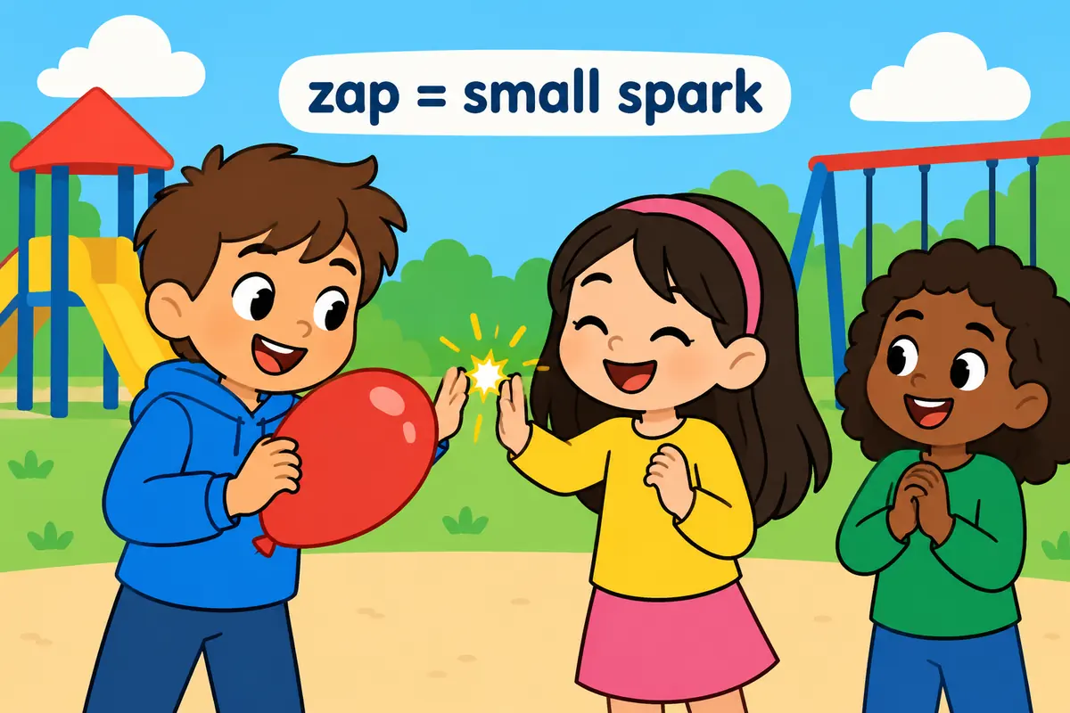 A cartoon child taps a balloon and a tiny spark jumps to a friend, who grins rather than flinches.
