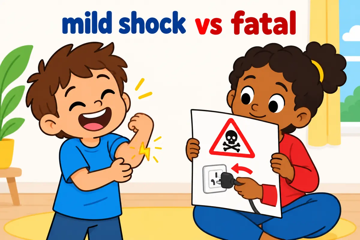 A single cartoon scene contrasts a grinning child with a tiny static spark and a serious poster warning of a fatal electric hazard.