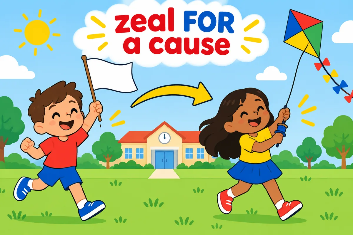 A child waves a blank flag while another flies a kite, showing zeal for a cause.