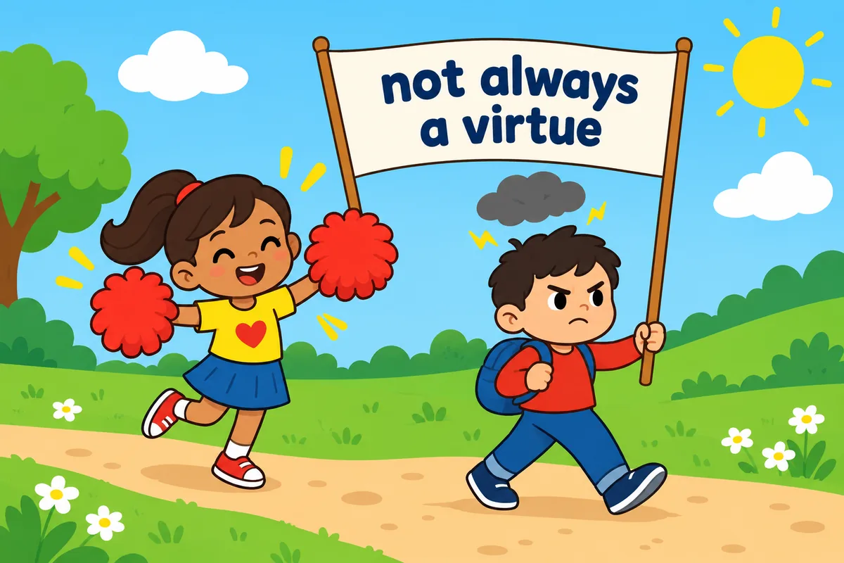 A single cartoon scene contrasts a calm, warm cheerleader with a scowling child marching too hard behind a banner.