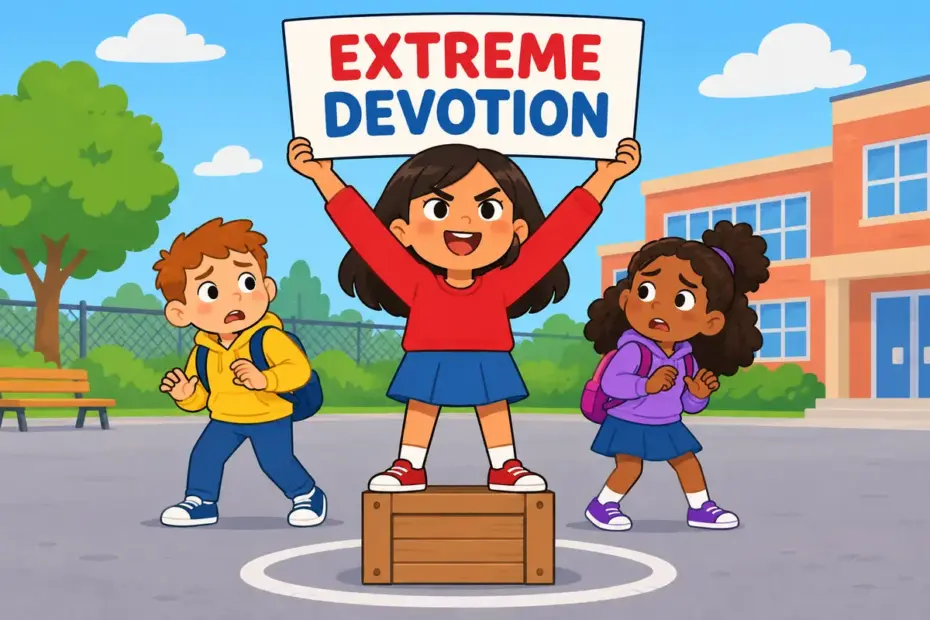 A cartoon child raises a cause sign high while classmates step back, showing zealot in a sentence as extreme devotion.