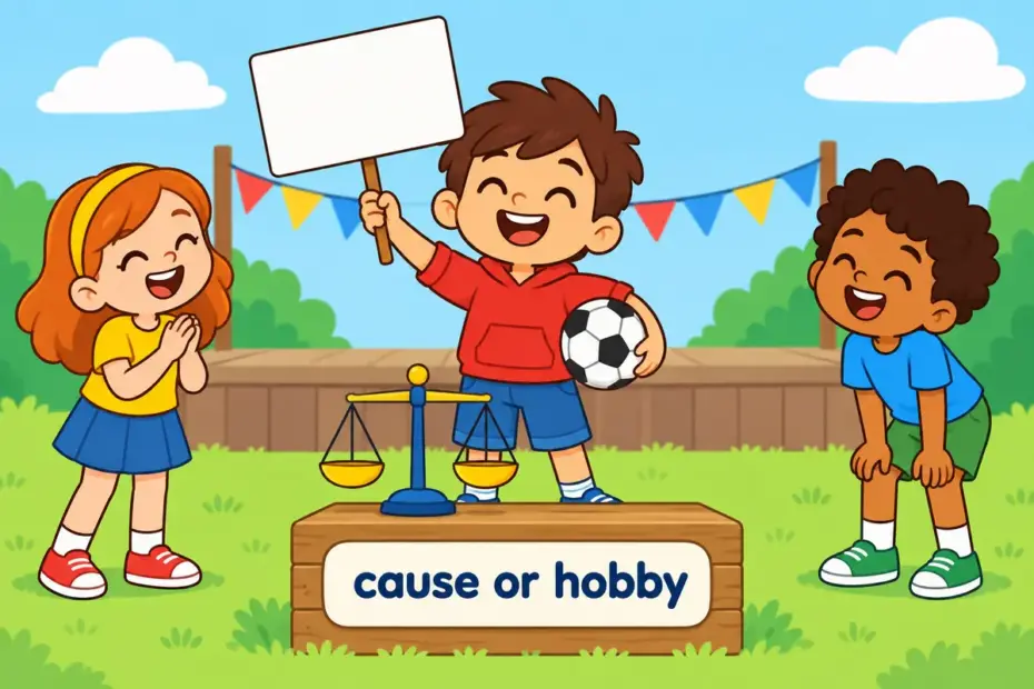 Cartoon children hold a rally sign in one hand and a football in the other, showing zealot vs fanatic as cause versus hobby.