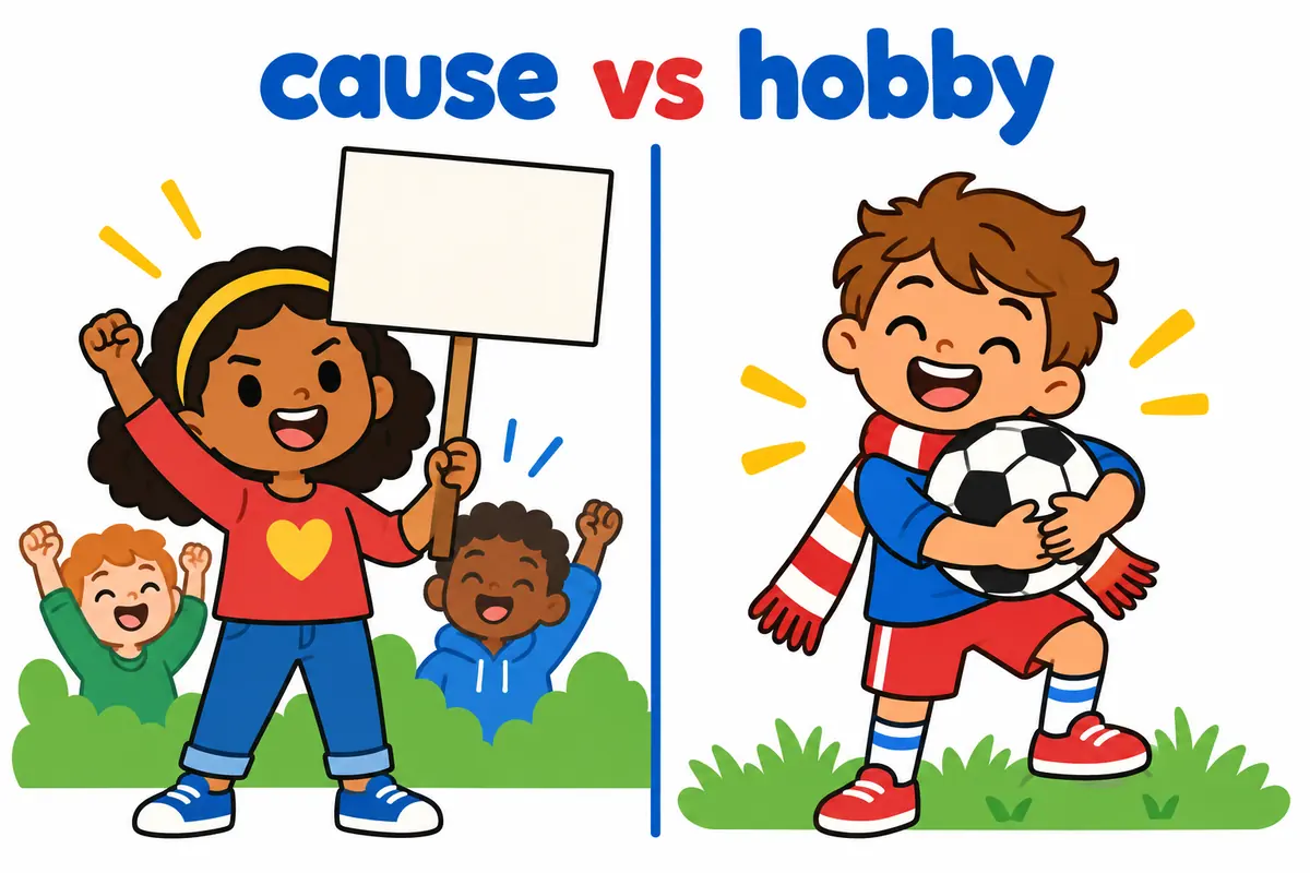 Cartoon split scene shows a serious child holding a sign about a cause beside a cheerful child hugging a football.